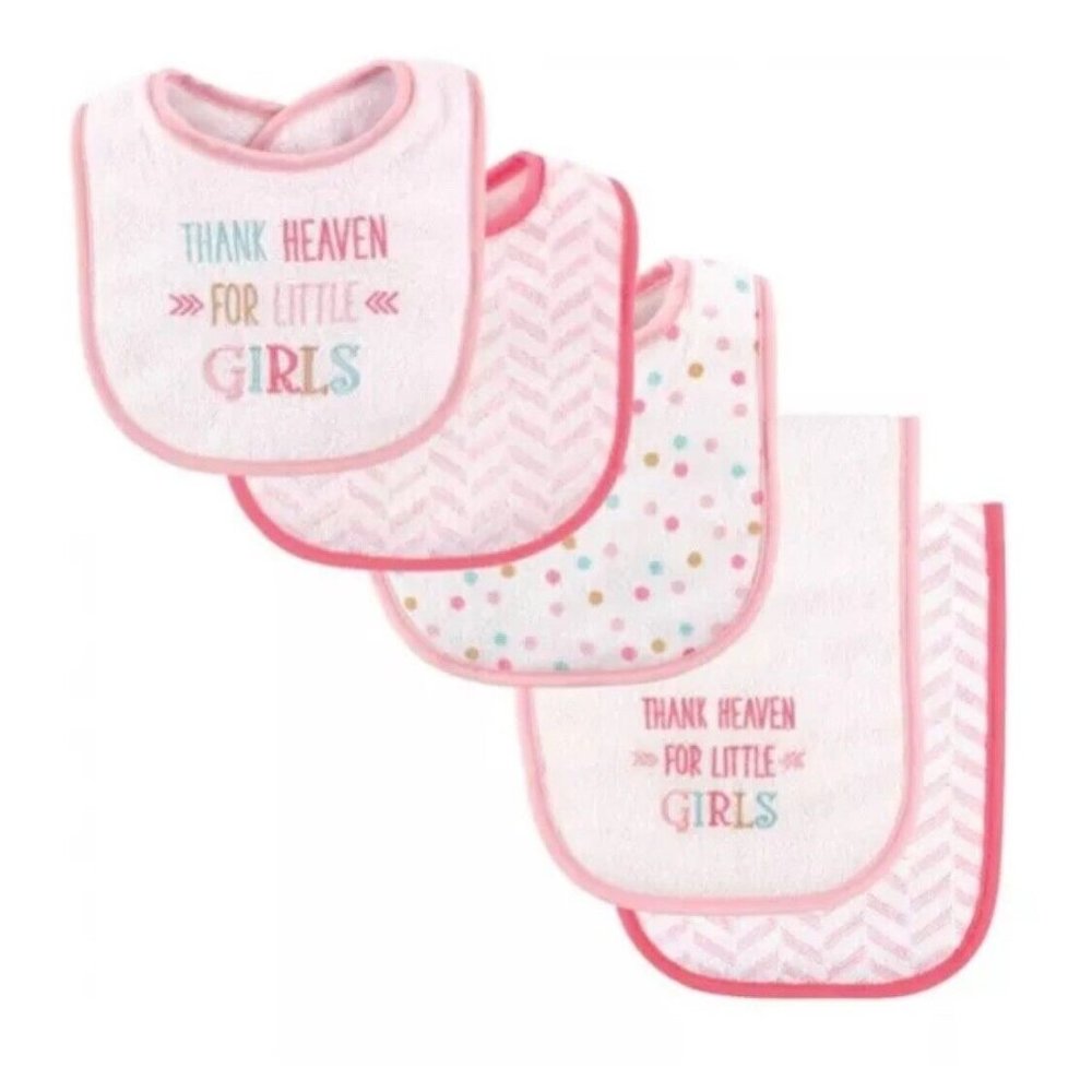 Luvable Friends Baby Girl Bib and Burp Cloth Set 5pk, Girl Thank Heaven, One Siz